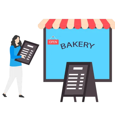 Girl is holding a bakery menu  Illustration