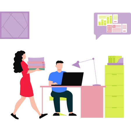 Girl Holding Files And Boy Working On Laptop Illustration