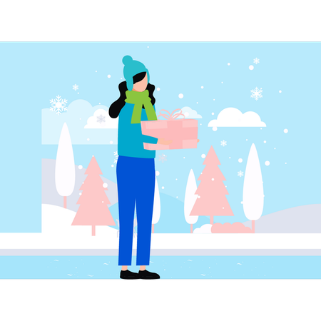 Girl is holding gift box in winter  Illustration