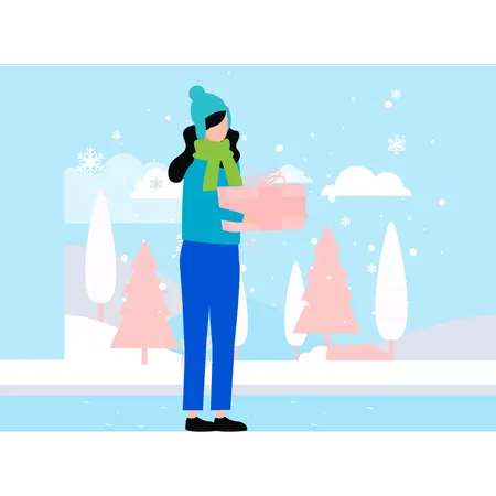Girl is holding gift box in winter  Illustration