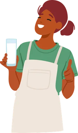 Farmer Female Character Donning Apron Cradles A Glass Filled With Frothy Fresh Milk And Showing Thumb Up Its Creamy Richness Reflecting The Dedication And Pride Cartoon People Vector Illustration Illustration