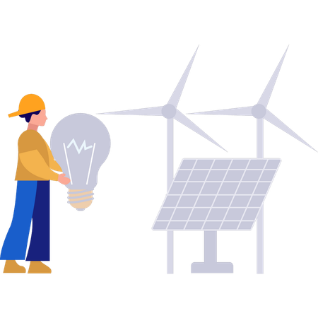 Girl is holding idea bulb and using solar panel energy  Illustration