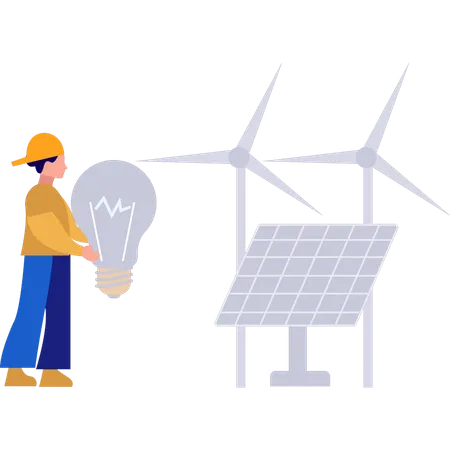 Girl is holding idea bulb and using solar panel energy  Illustration