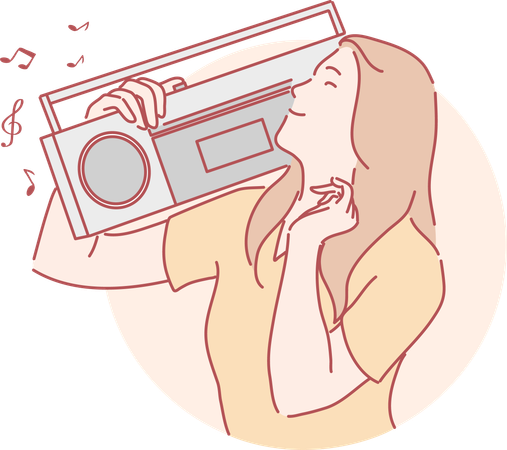 Girl is holding radio stereo  イラスト