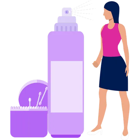 A Girl Is Looking At A Bottle Of Makeup Fixer Illustration