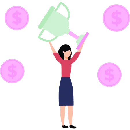 Girl is holding the trophy of success  Illustration