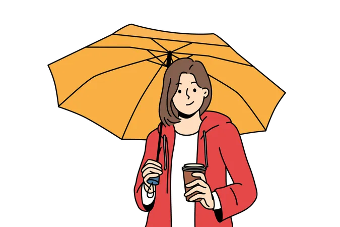 Girl is holding umbrella and cup of coffee  Illustration
