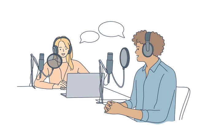 Communication Interview Conversation Podcast Concept Young Happy Man And Woman Radio Hosts Characters Podcasters Talking Communicating In Studio Interviewing Guest Or Mass Media Work Illustration Illustration