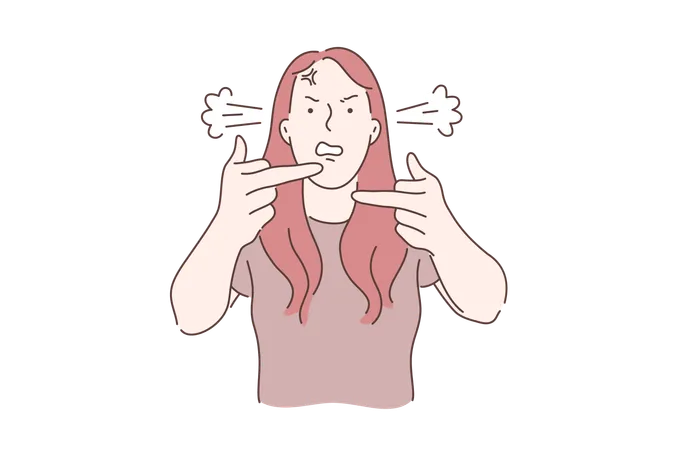 Angry Irritated Stressed Girl Concept Woman Getting Mad With Throbbing Vein On Forehead And Ear Steam Annoyed Furious Person Negative Emotion Expression Obscene Gesture Simple Flat Vector Illustration