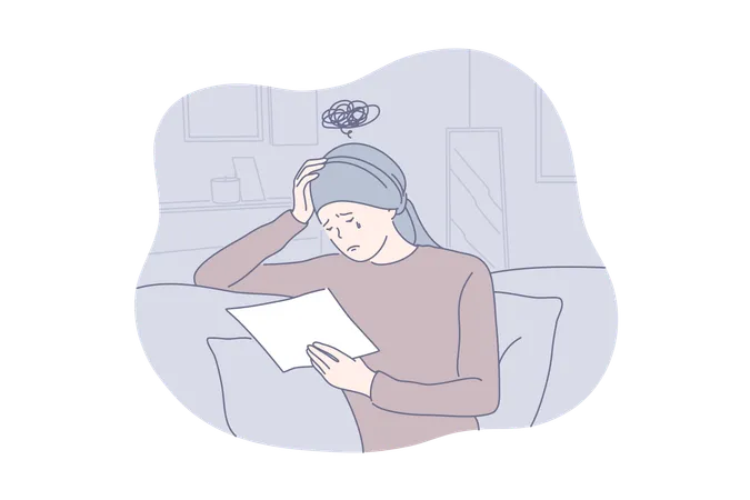 Depression Frustration Bad Diagnosis Concept Depressed Frustrated Woman Is Crying Because Of Bad News Sitting On Couch Is Hospice And Reading Chemiotherapy Result Depression Raises Stress Level Illustration
