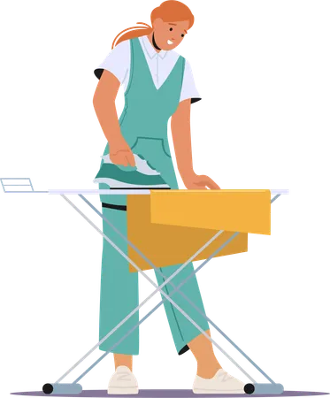 Girl Ironing Clean Clothes In Public Or Hotel Laundry Housewife Or Maid Work In Launderette Female Character Employee Of Professional Cleaning Service Working Process Cartoon Vector Illustration Illustration