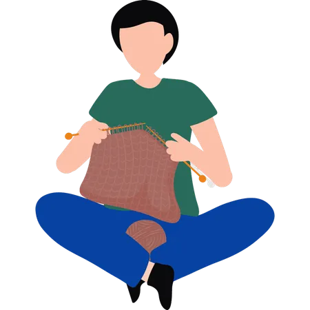 Girl is knitting woolen clothes  イラスト