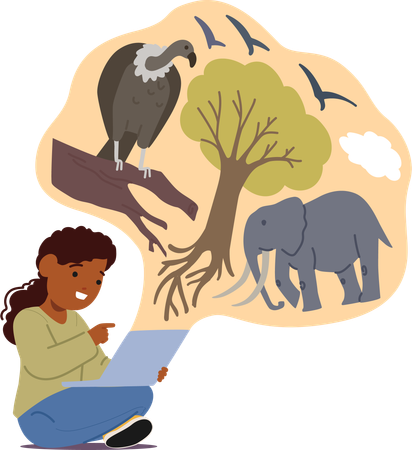 Girl is learning about wildlife on internet  イラスト