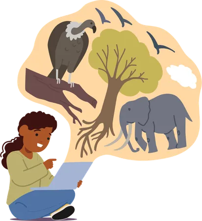 Curious Kid Sits With A Laptop Immersed In Learning About African Nature Eyes Light Up With Wonder As She Explores The Diverse Wildlife And Landscapes On Screen Cartoon People Vector Illustration Illustration