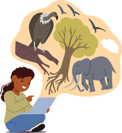 Girl is learning about wildlife on internet  Illustration