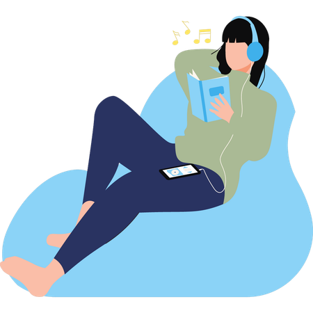 Girl is listening music while reading book  일러스트레이션