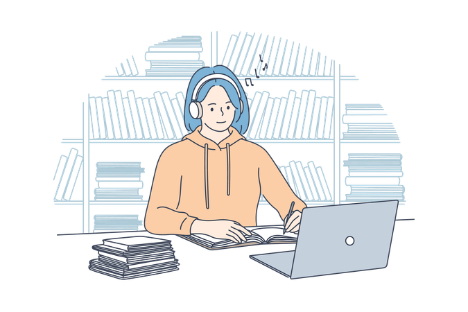 Girl is listening to music while online study  Illustration