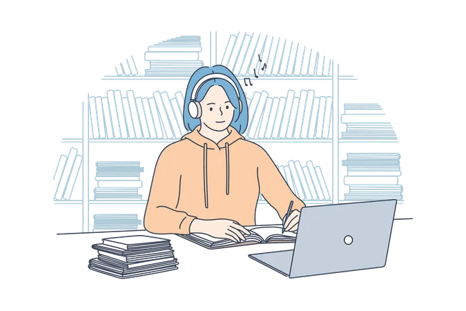 Girl is listening to music while online study  Illustration