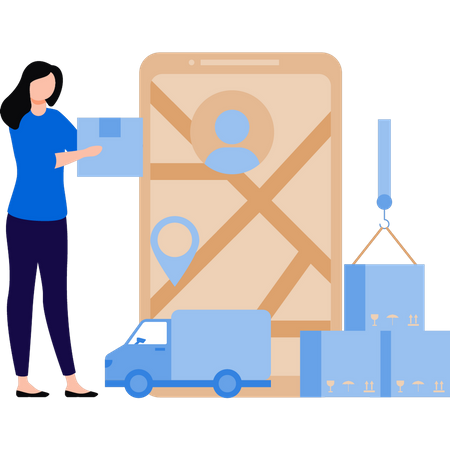 Girl is loading the parcel into the truck  Illustration
