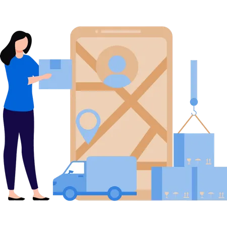 Girl is loading the parcel into the truck  Illustration