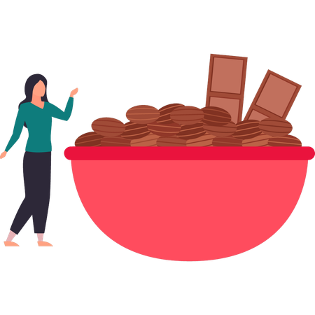 Girl is looking at a bowl of choco beans  Illustration