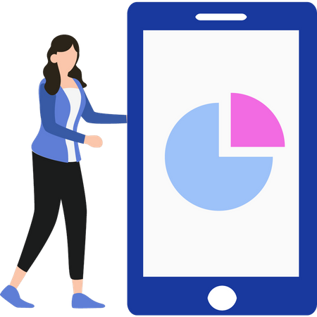 Girl is looking at a pie chart on a mobile  Illustration