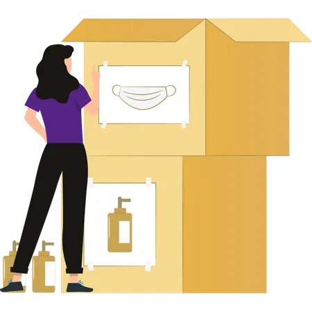 Girl is looking at boxes of masks and gloves  Illustration