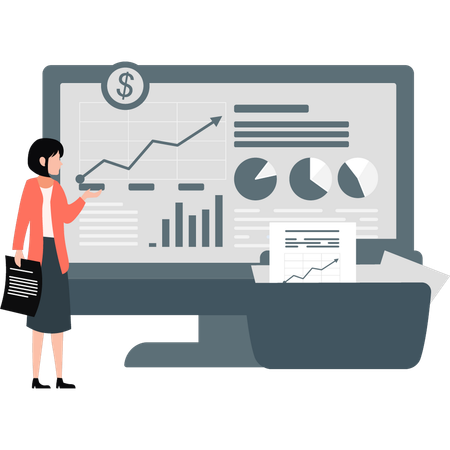 Girl is looking at business graph on monitor screen  Illustration