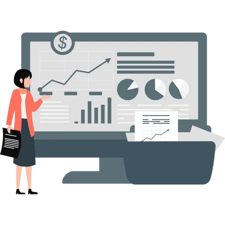 Girl is looking at business graph on monitor screen  Illustration