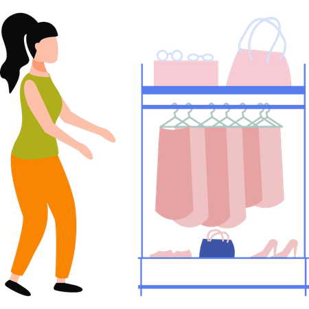 Girl is looking at clothes in rack  Illustration