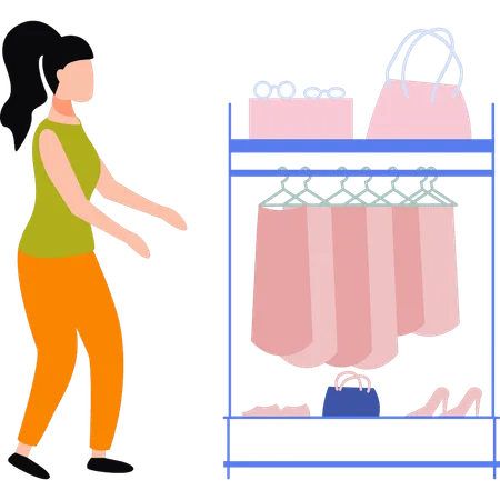 Girl is looking at clothes in rack  Illustration