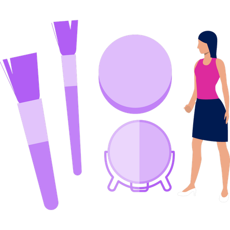 Girl is looking at different brushes and face powder  イラスト