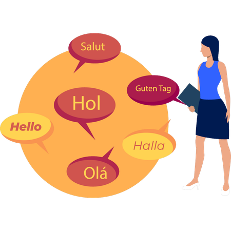 Girl is looking at different world languages  イラスト