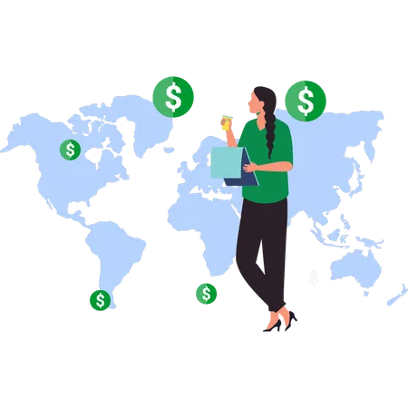Girl is looking at global money transfer  Illustration