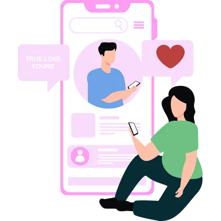 Girl is looking at guy's profile on an online dating app  Illustration