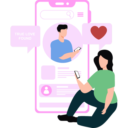 Girl is looking at guy's profile on an online dating app  Illustration