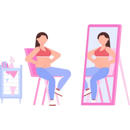 Girl is looking at her belly weight in the mirror  Illustration