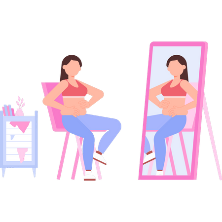 Girl is looking at her belly weight in the mirror  Illustration