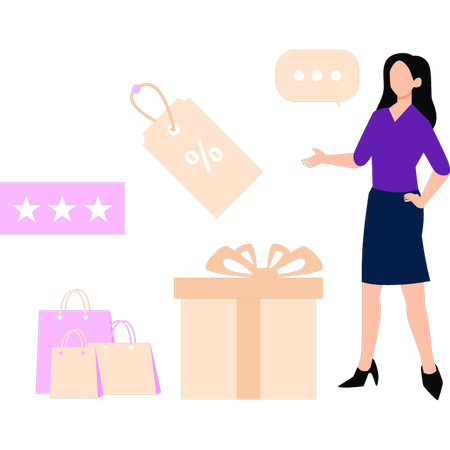 Girl is looking at shopping discount.  Illustration