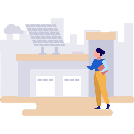 Girl is looking at solar panel plate in industry  Illustration