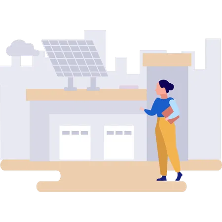 Girl Looking At Solar Panel Plate In Industry Illustration