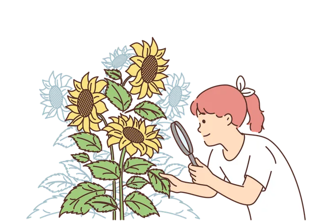 Girl Looks At Sunflowers Through Magnifying Glass Wishing To Become Farmer Or Botanist Who Studies Plants Child Watches Sunflowers In Hope Of Finding Small Insects And Pests On Petals Illustration