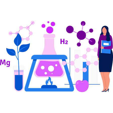Girl is looking at the beaker on the burner  Illustration