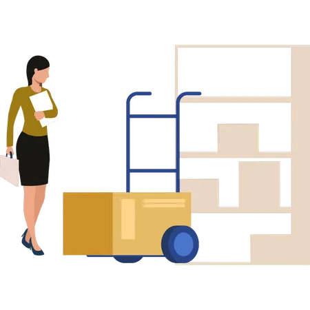 Girl is looking at the carton box in the trolley  Illustration