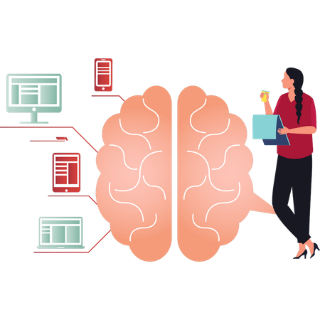 Girl is looking at the connections of the human brain  Illustration