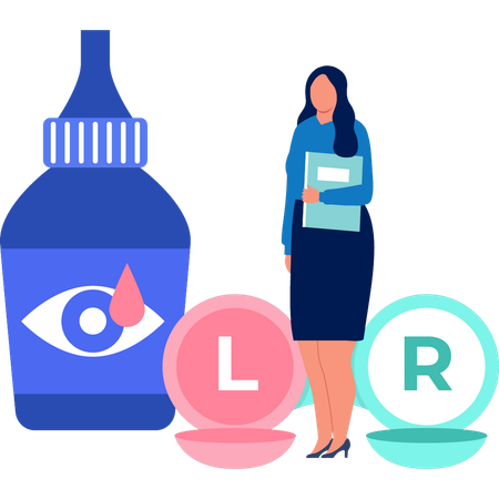 Girl is looking at the eye drop bottle  Illustration