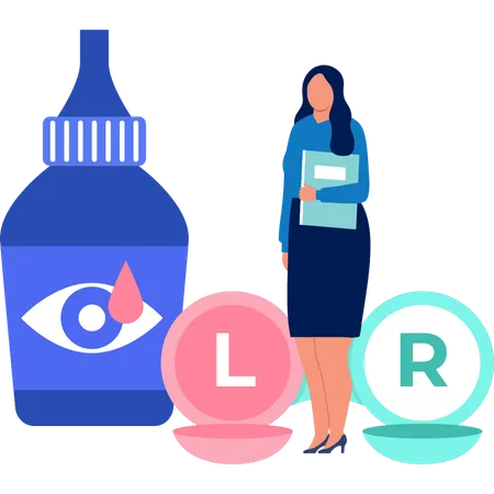 The Girl Is Looking At The Eye Drop Bottle Illustration