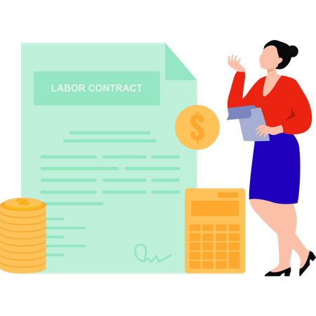 Girl is looking at the labor contract  Illustration