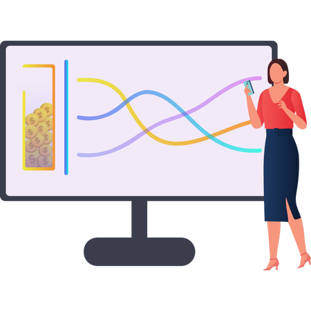 Girl is looking at the line graph on the monitor screen  Illustration