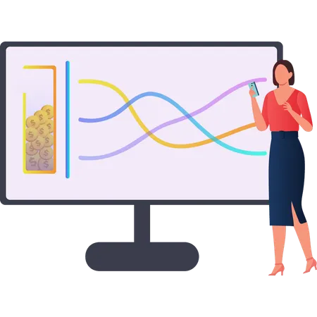 Girl is looking at the line graph on the monitor screen  Illustration